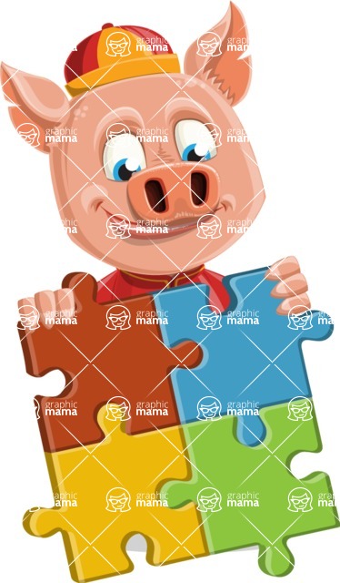 Year of the Pig Character - Vector Pig Cartoon - Year of the Pig Vector Character with a Puzzle